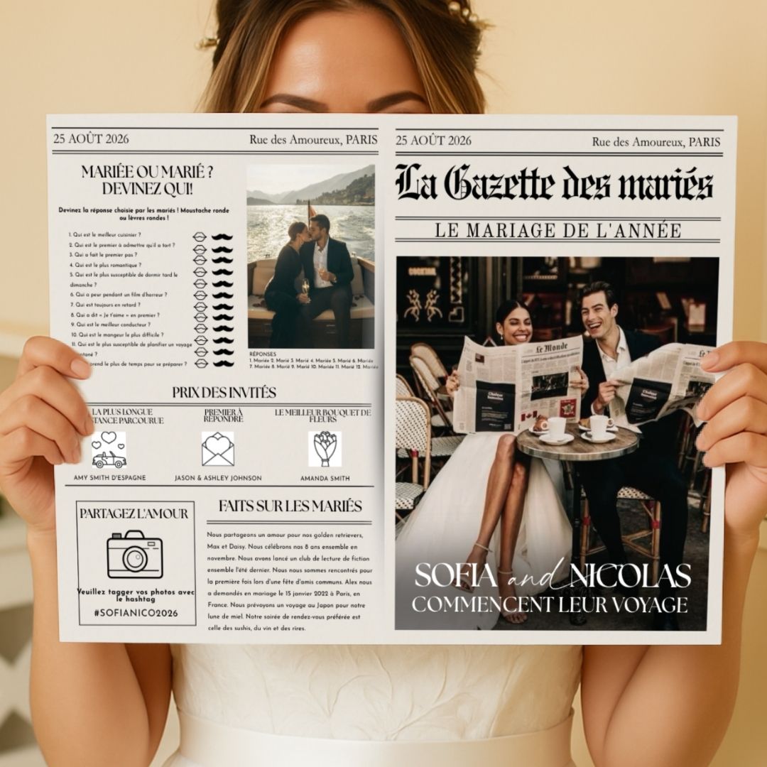 Gazette des Mariés  – Modèle Canva à personnaliser