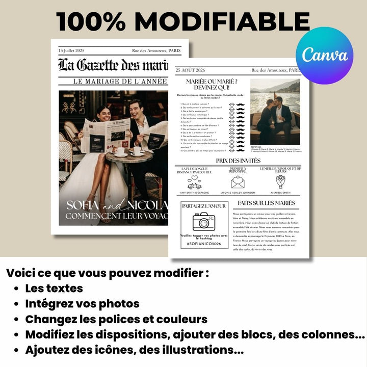 Gazette des Mariés  – Modèle Canva à personnaliser